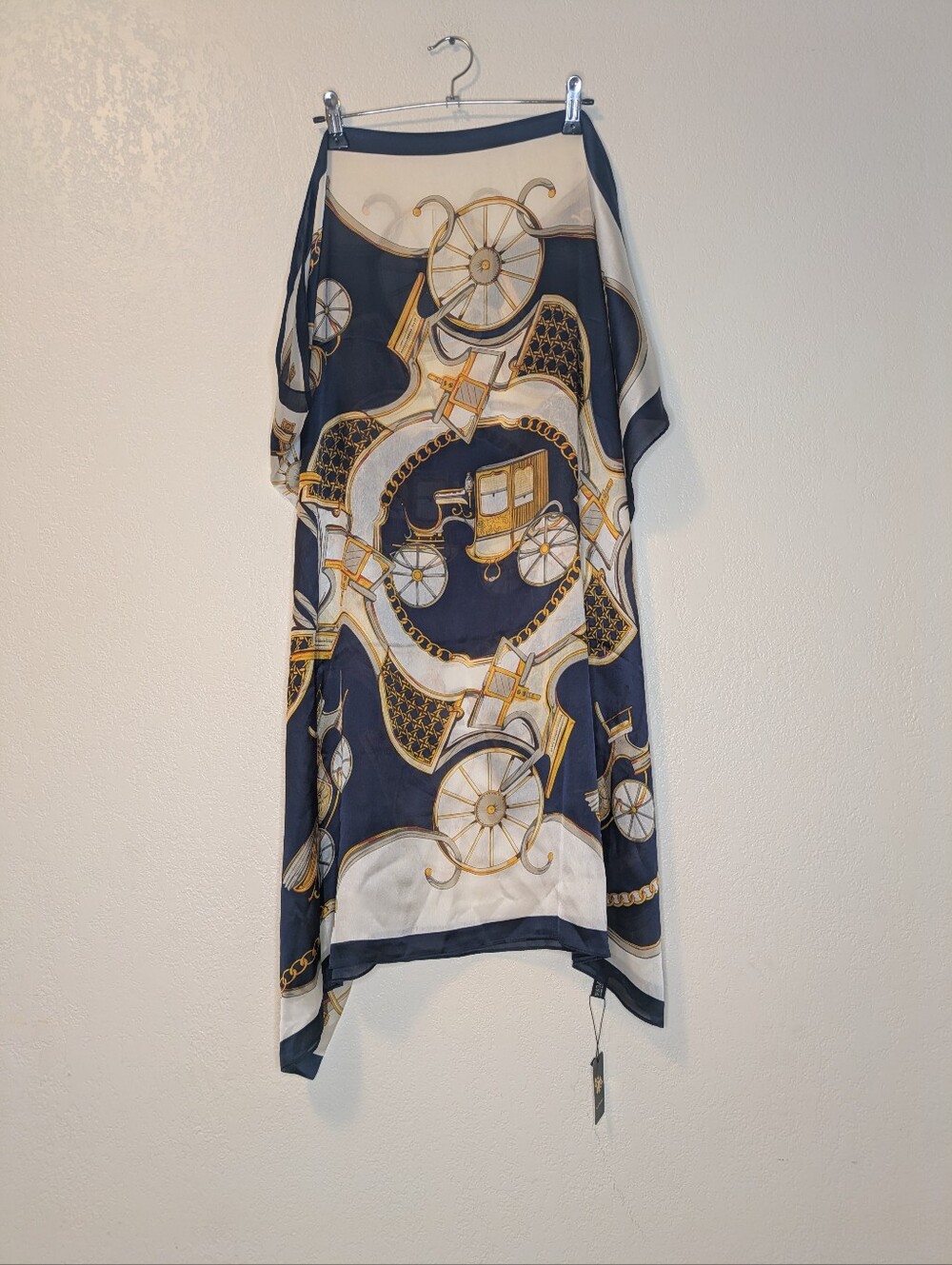 100% Silk Scarf 35"x72" In Navy And White with Gold Equestrian Print - Picture 5 of 9